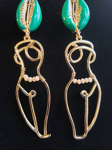 Fiona Gold & Green Cowrie Earrings