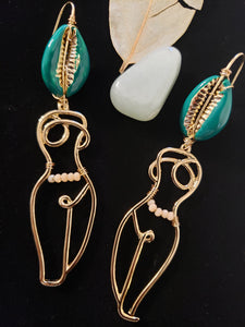 Fiona Gold & Green Cowrie Earrings